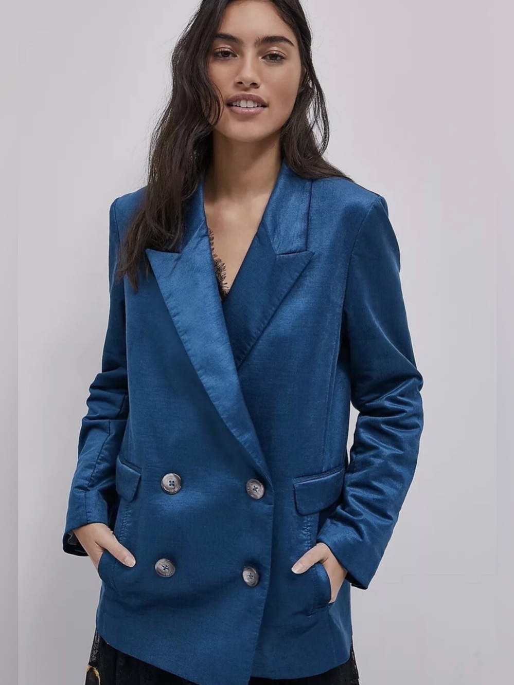 Anthropologie Beckett Shimmer Corduroy Double-Breasted Blazer Jacket Teal Blue M